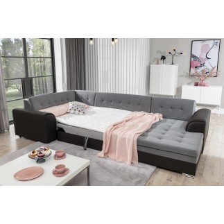 Canapé panoramique convertible - DAMIEN VELOURS - en tissu gris de qualité et caisse simili noir, 7 places, gris, méridienne à d