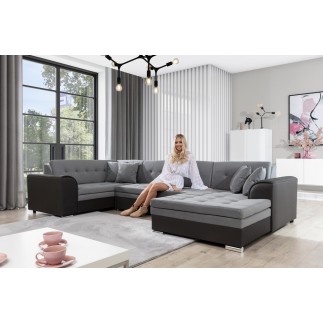 Canapé panoramique convertible - DAMIEN VELOURS - en tissu gris de qualité et caisse simili noir, 7 places, gris, méridienne à d