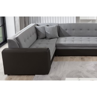 Canapé panoramique convertible - DAMIEN VELOURS - en tissu gris de qualité et caisse simili noir, 7 places, gris, méridienne à d
