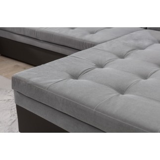 Canapé panoramique convertible - DAMIEN VELOURS - en tissu gris de qualité et caisse simili noir, 7 places, gris, méridienne à d