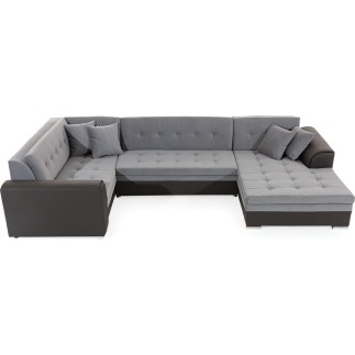 Canapé panoramique convertible - DAMIEN VELOURS - en tissu gris de qualité et caisse simili noir, 7 places, gris, méridienne à d