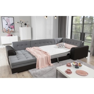 Canapé panoramique convertible - DAMIEN VELOURS - en tissu gris de qualité et caisse simili noir, 7 places, méridienne à gauche