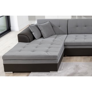Canapé panoramique convertible - DAMIEN VELOURS - en tissu gris de qualité et caisse simili noir, 7 places, méridienne à gauche