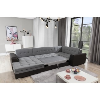 Canapé panoramique convertible - DAMIEN VELOURS - en tissu gris de qualité et caisse simili noir, 7 places, méridienne à gauche