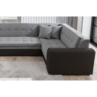 Canapé panoramique convertible - DAMIEN VELOURS - en tissu gris de qualité et caisse simili noir, 7 places, méridienne à gauche