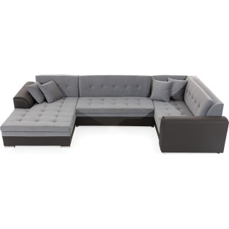 Canapé panoramique convertible - DAMIEN VELOURS - en tissu gris de qualité et caisse simili noir, 7 places, méridienne à gauche
