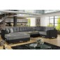 Canapé panoramique convertible - DAMIEN VELOURS - en tissu gris de qualité et caisse simili noir, 7 places, méridienne à gauche