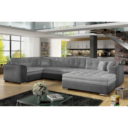 - Canapé panoramique convertible - DAMIEN VELOURS - en velours gris clair gris foncé de qualité, 7 places, gris, méridienne à dr
