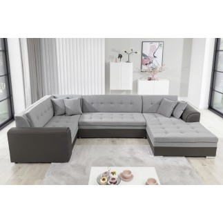 - Canapé panoramique convertible - DAMIEN VELOURS - en velours gris clair gris foncé de qualité, 7 places, gris, méridienne à dr