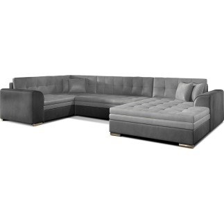 - Canapé panoramique convertible - DAMIEN VELOURS - en velours gris clair gris foncé de qualité, 7 places, gris, méridienne à dr