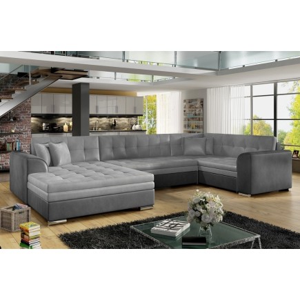 Canapé panoramique convertible - DAMIEN VELOURS - en velours gris clair et gris foncé de qualité, 7 places, méridienne à gauche