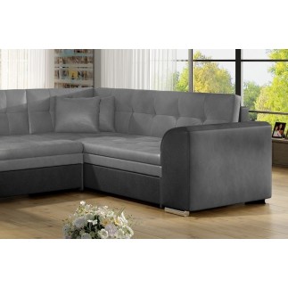 Canapé panoramique convertible - DAMIEN VELOURS - en velours gris clair et gris foncé de qualité, 7 places, méridienne à gauche