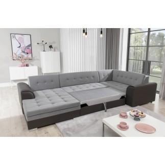 Canapé panoramique convertible - DAMIEN VELOURS - en velours gris clair et gris foncé de qualité, 7 places, méridienne à gauche