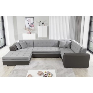 Canapé panoramique convertible - DAMIEN VELOURS - en velours gris clair et gris foncé de qualité, 7 places, méridienne à gauche