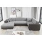 Canapé panoramique convertible - DAMIEN VELOURS - en velours gris clair et gris foncé de qualité, 7 places, méridienne à gauche