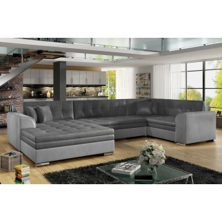 Canapé panoramique convertible - DAMIEN VELOURS - velours gris foncé et gris clair de qualité, 7 places, méridienne à gauche et