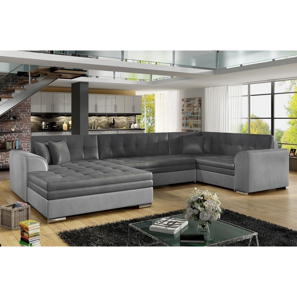 Canapé panoramique convertible - DAMIEN VELOURS - velours gris foncé et gris clair de qualité, 7 places, méridienne à gauche et