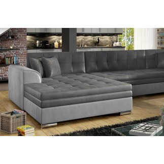 Canapé panoramique convertible - DAMIEN VELOURS - velours gris foncé et gris clair de qualité, 7 places, méridienne à gauche et