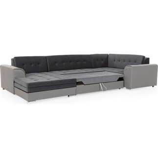 Canapé panoramique convertible - DAMIEN VELOURS - velours gris foncé et gris clair de qualité, 7 places, méridienne à gauche et