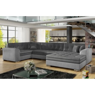 Canapé panoramique convertible - DAMIEN VELOURS - en velours gris foncé et gris clair de qualité, 7 places, méridienne à droite