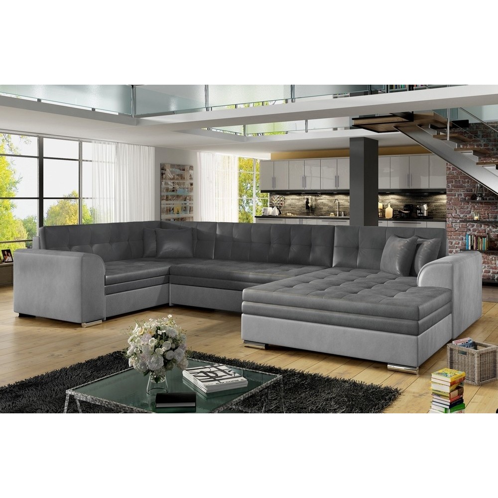 Canapé panoramique convertible - DAMIEN VELOURS - en velours gris foncé et gris clair de qualité, 7 places, méridienne à droite