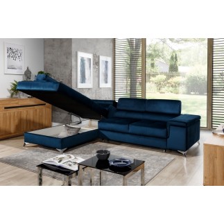 Canapé d'angle convertible - ERWAN - en velours luxe 5 places, bleu foncé, angle gauche (vu de face)
