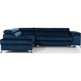 Canapé d'angle convertible - ERWAN - en velours luxe 5 places, bleu foncé, angle gauche (vu de face)