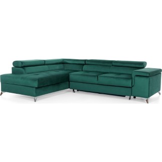 - Canapé d'angle convertible - ERWAN - en velours luxe 5 places, vert, angle gauche (vu de face)