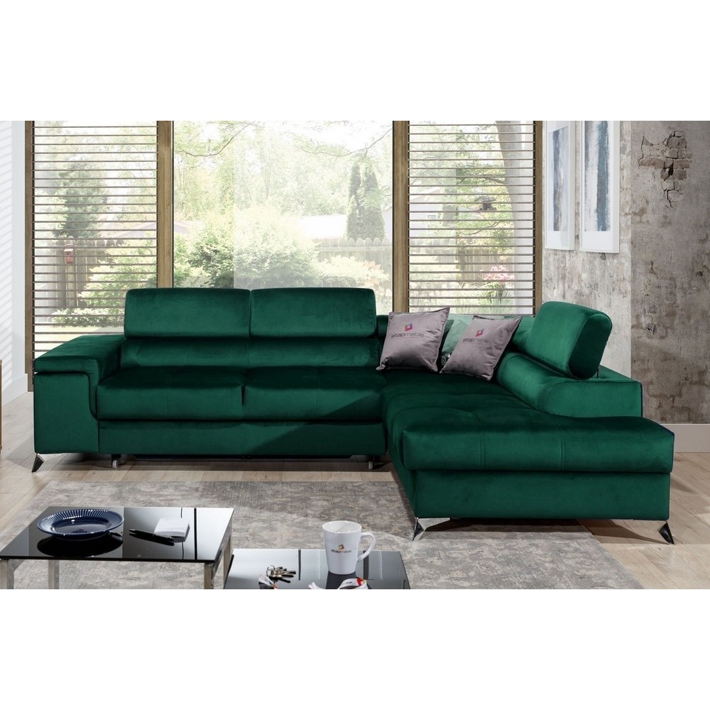 Canapé d'angle convertible - ERWAN - en velours luxe 5 places, vert, angle droit (vu de face)