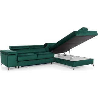 Canapé d'angle convertible - ERWAN - en velours luxe 5 places, vert, angle droit (vu de face)