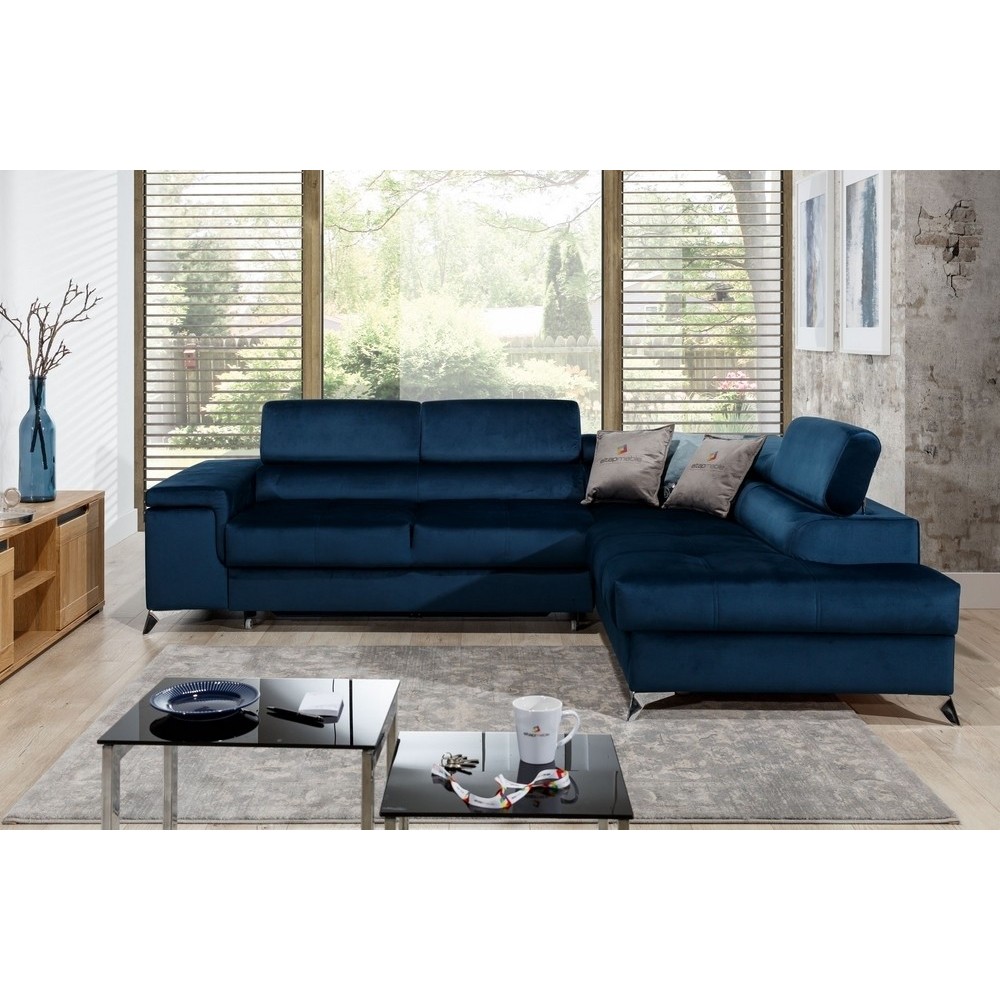 Canapé d'angle convertible - ERWAN - en velours luxe 5 places, bleu foncé, angle droit (vu de face)