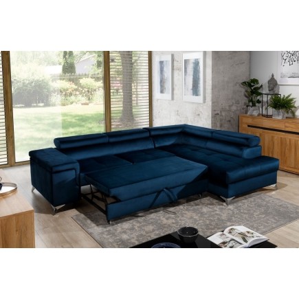 Canapé d'angle convertible - ERWAN - en velours luxe 5 places, bleu foncé, angle droit (vu de face)