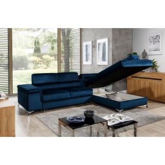 Canapé d'angle convertible - ERWAN - en velours luxe 5 places, bleu foncé, angle droit (vu de face)