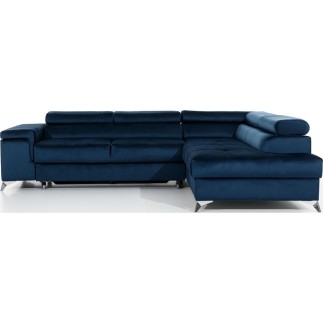 Canapé d'angle convertible - ERWAN - en velours luxe 5 places, bleu foncé, angle droit (vu de face)