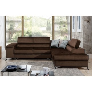 Canapé d'angle convertible - ERWAN - en velours luxe 5 places, chocolat, angle droit (vu de face)