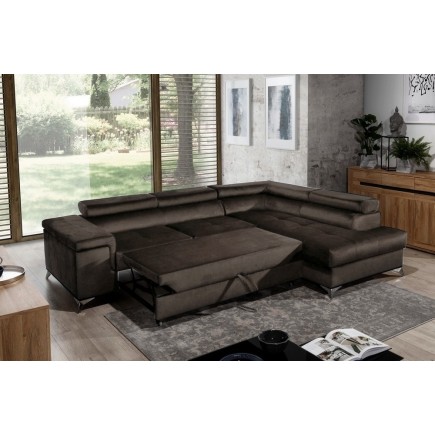 Canapé d'angle convertible - ERWAN - en velours luxe 5 places, chocolat, angle droit (vu de face)