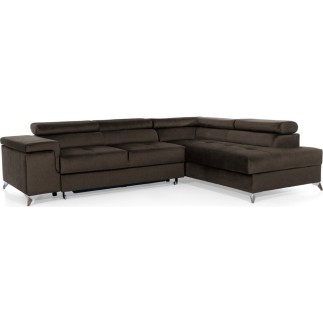 Canapé d'angle convertible - ERWAN - en velours luxe 5 places, chocolat, angle droit (vu de face)