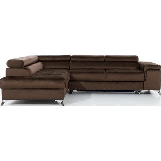 Canapé d'angle convertible - ERWAN - en velours luxe 5 places, chocolat, angle gauche (vu de face)