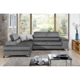 Canapé d'angle convertible - ERWAN - en velours luxe 5 places, gris, angle gauche (vu de face)