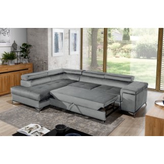 Canapé d'angle convertible - ERWAN - en velours luxe 5 places, gris, angle gauche (vu de face)