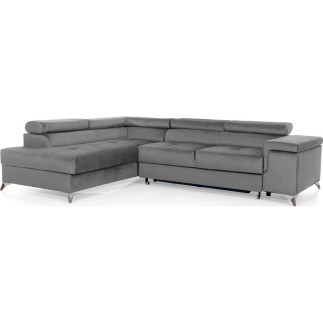 Canapé d'angle convertible - ERWAN - en velours luxe 5 places, gris, angle gauche (vu de face)