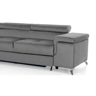 Canapé d'angle convertible - ERWAN - en velours luxe 5 places, gris, angle gauche (vu de face)