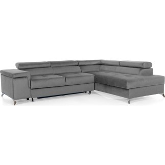 Canapé d'angle convertible - ERWAN - en velours luxe 5 places, gris, angle droit (vu de face)