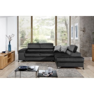 Canapé d'angle convertible - ERWAN - en velours luxe 5 places, anthracite, angle droit (vu de face)