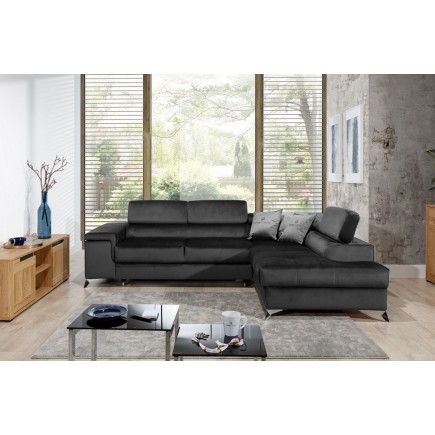 Canapé d'angle convertible - ERWAN - en velours luxe 5 places, anthracite, angle droit (vu de face)