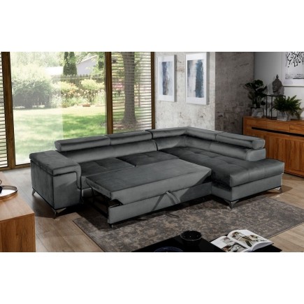 Canapé d'angle convertible - ERWAN - en velours luxe 5 places, anthracite, angle droit (vu de face)