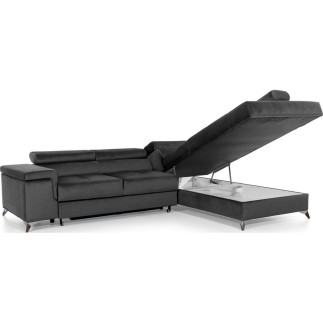 Canapé d'angle convertible - ERWAN - en velours luxe 5 places, anthracite, angle droit (vu de face)