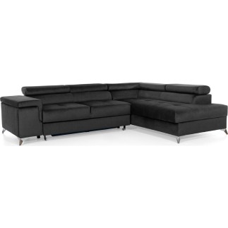 Canapé d'angle convertible - ERWAN - en velours luxe 5 places, anthracite, angle droit (vu de face)
