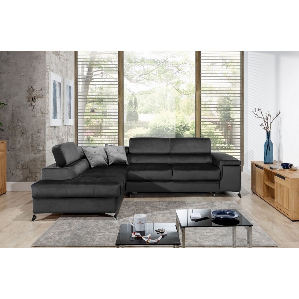 Canapé d'angle convertible - ERWAN - en velours luxe 5 places, anthracite, angle gauche (vu de face)