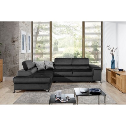 Canapé d'angle convertible - ERWAN - en velours luxe 5 places, anthracite, angle gauche (vu de face)